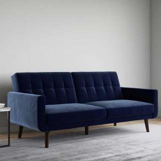 Ausklappbares Sofa Retro in Blau Samt Fußgestell aus Holz