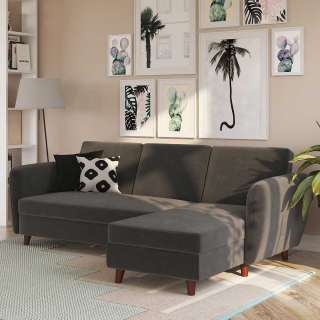 Ausklappbares Sofa Samt grau 221 cm breit 153 cm tief