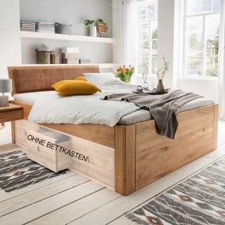 Bett mit Polsterkopfteil aus Wildeiche Massivholz 56 cm Einstiegshöhe