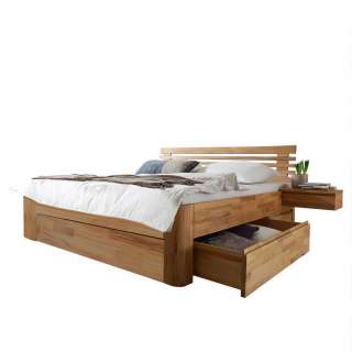 Bett mit Schubladen und Konsolen aus Kernbuche Massivholz geölt (dreiteilig)