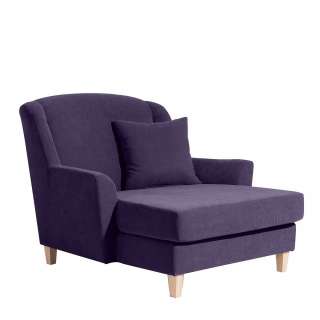 Big Sessel Violett mit Velours Bezug Vierfußgestell aus Holz