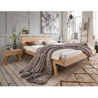 Doppel Bett Wildeiche Bianco aus Massivholz zwei Nachtkommoden (dreiteilig)