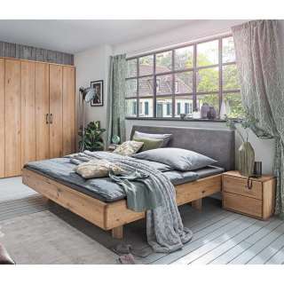 Doppelbett mit Polsterkopfteil aus Wildeiche Massivholz 90 cm hoch (dreiteilig)