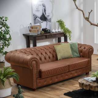 Dreisitzer Couch Leder Cognac im Chesterfield Look 200 cm breit