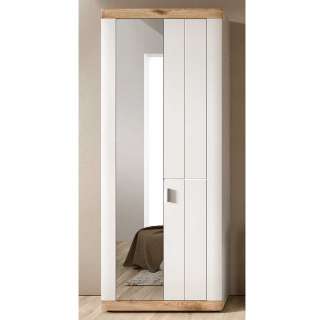 Flurschrank mit Spiegel in Weiß und Wildeiche Holzoptik 193 cm hoch
