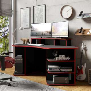 Gamer Schreibtisch in Schwarz und Rot halbrunder Tischplatte