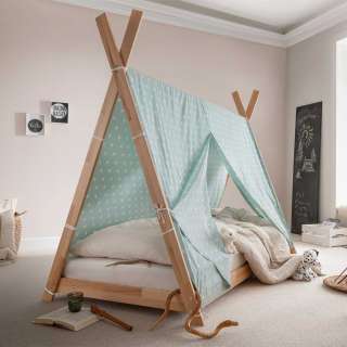 Kinderbett Zelt aus Buche Massivholz optional mit Stoffhimmel in Mint