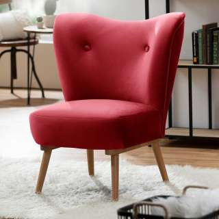 Loft Sessel rot aus Samtvelours Vierfußgestell aus Holz