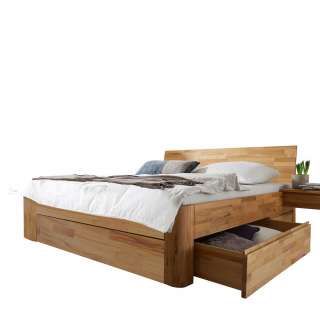Massivholz Bett mit Schubladen in Kernbuchefarben 215 cm tief