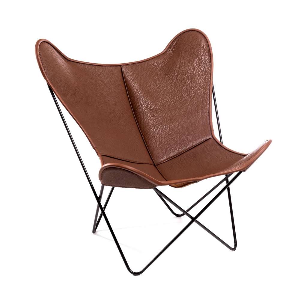 Manufakturplus - Butterfly Chair Hardoy - B.K.F. Chair Stahlrahmen weiß, Neckleder coffee - outdoor