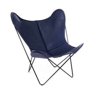 Manufakturplus - Butterfly Chair Hardoy - B.K.F. Chair Stahlrahmen verchromt, Neckleder blau - outdoor