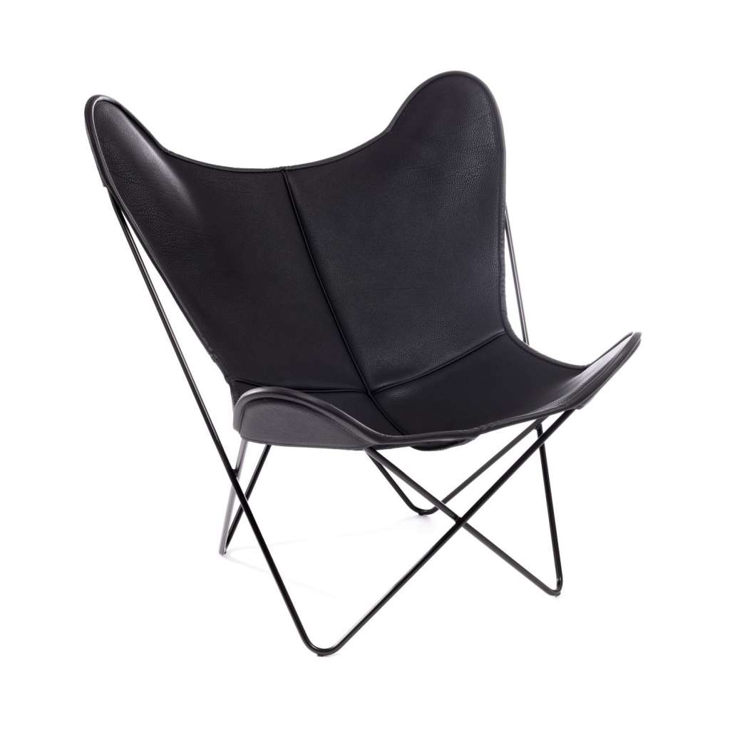 Manufakturplus - Butterfly Chair Hardoy - B.K.F. Chair Stahlrahmen verchromt, Neckleder schwarz - outdoor