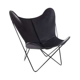 Manufakturplus - Butterfly Chair Hardoy - B.K.F. Chair Stahlrahmen verchromt, Neckleder schwarz - outdoor