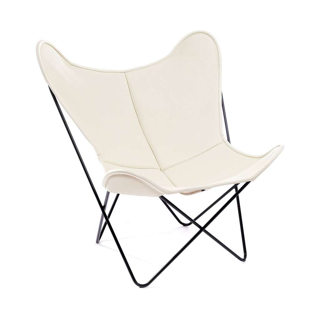 Manufakturplus - Butterfly Chair Hardoy - B.K.F. Chair Stahlrahmen verchromt, Neckleder elfenbein - outdoor