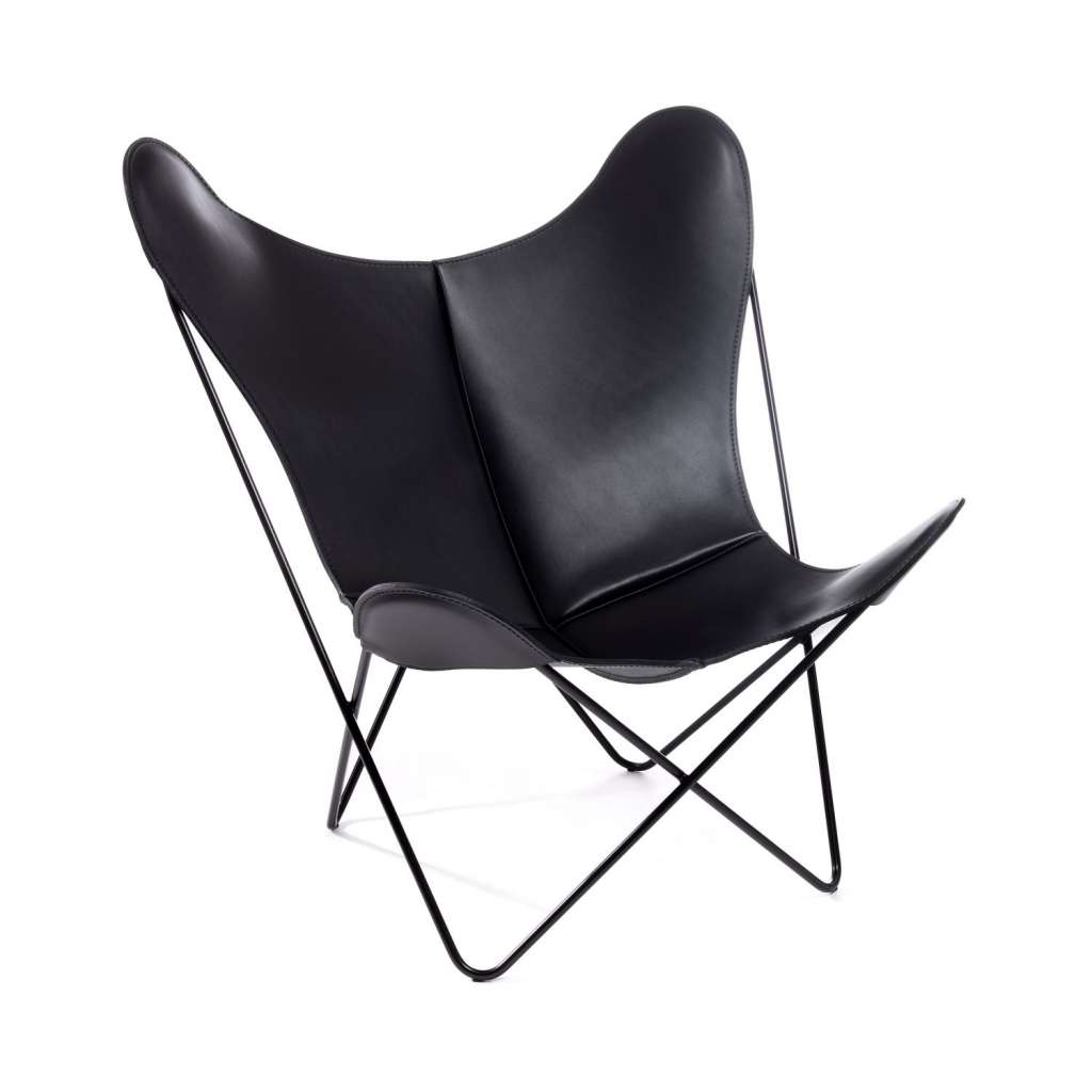 Manufakturplus - Butterfly Chair Hardoy - B.K.F. Chair Stahlrahmen weiß, Blankleder schwarz - indoor