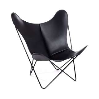 Manufakturplus - Butterfly Chair Hardoy - B.K.F. Chair Stahlrahmen weiß, Blankleder schwarz - indoor