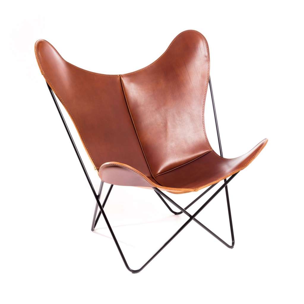 Manufakturplus - Butterfly Chair Hardoy - B.K.F. Chair Stahlrahmen verchromt, Blankleder cognag - indoor