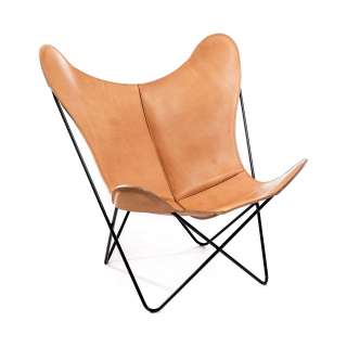 Manufakturplus - Butterfly Chair Hardoy - B.K.F. Chair Stahlrahmen schwarz, Sattel-Leder Natur - indoor