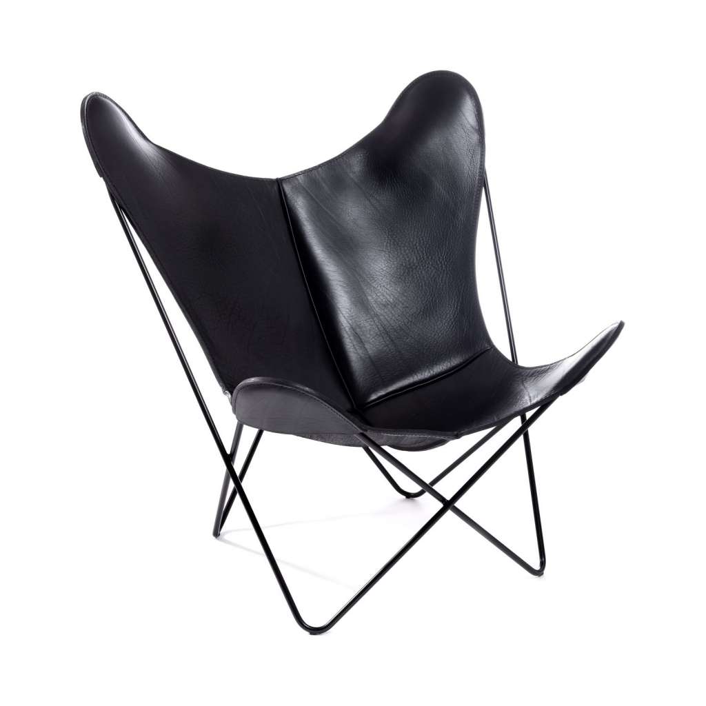 Manufakturplus - Butterfly Chair Hardoy - B.K.F. Chair Stahlrahmen weiß, Sattel-Leder schwarz - indoor