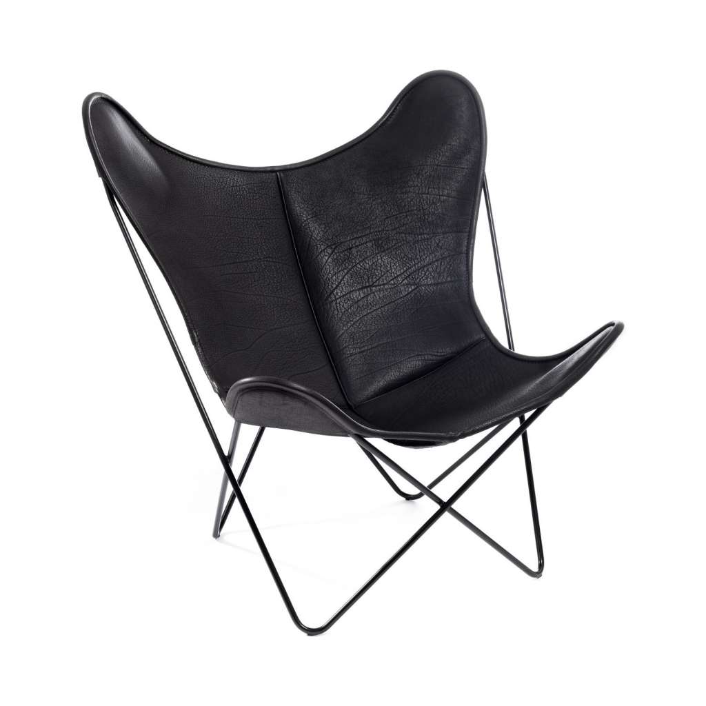 Manufakturplus - Butterfly Chair Hardoy - B.K.F. Chair Edelstahlrahmen, Biobüffel-Leder schwarz - indoor