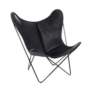 Manufakturplus - Butterfly Chair Hardoy - B.K.F. Chair Edelstahlrahmen, Biobüffel-Leder schwarz - indoor