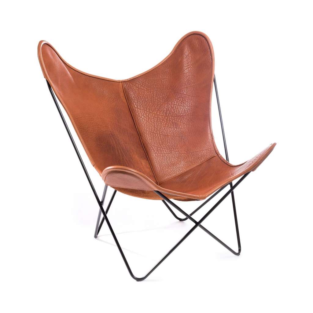 Manufakturplus - Butterfly Chair Hardoy - B.K.F. Chair Edelstahlrahmen, Biobüffel-Leder cognac - indoor