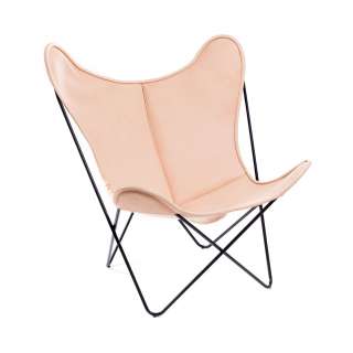 Manufakturplus - Butterfly Chair Hardoy - B.K.F. Chair Stahlrahmen verchromt, Biobüffel-Leder Natur - indoor