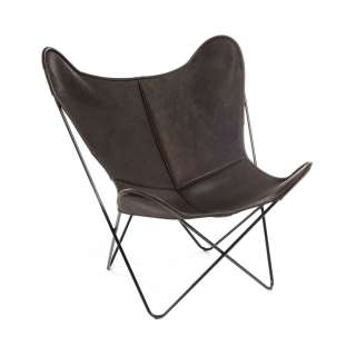 Manufakturplus - Butterfly Chair Hardoy - B.K.F. Chair Stahlrahmen verchromt, Biobüffel-Leder schwarzbraun - indoor