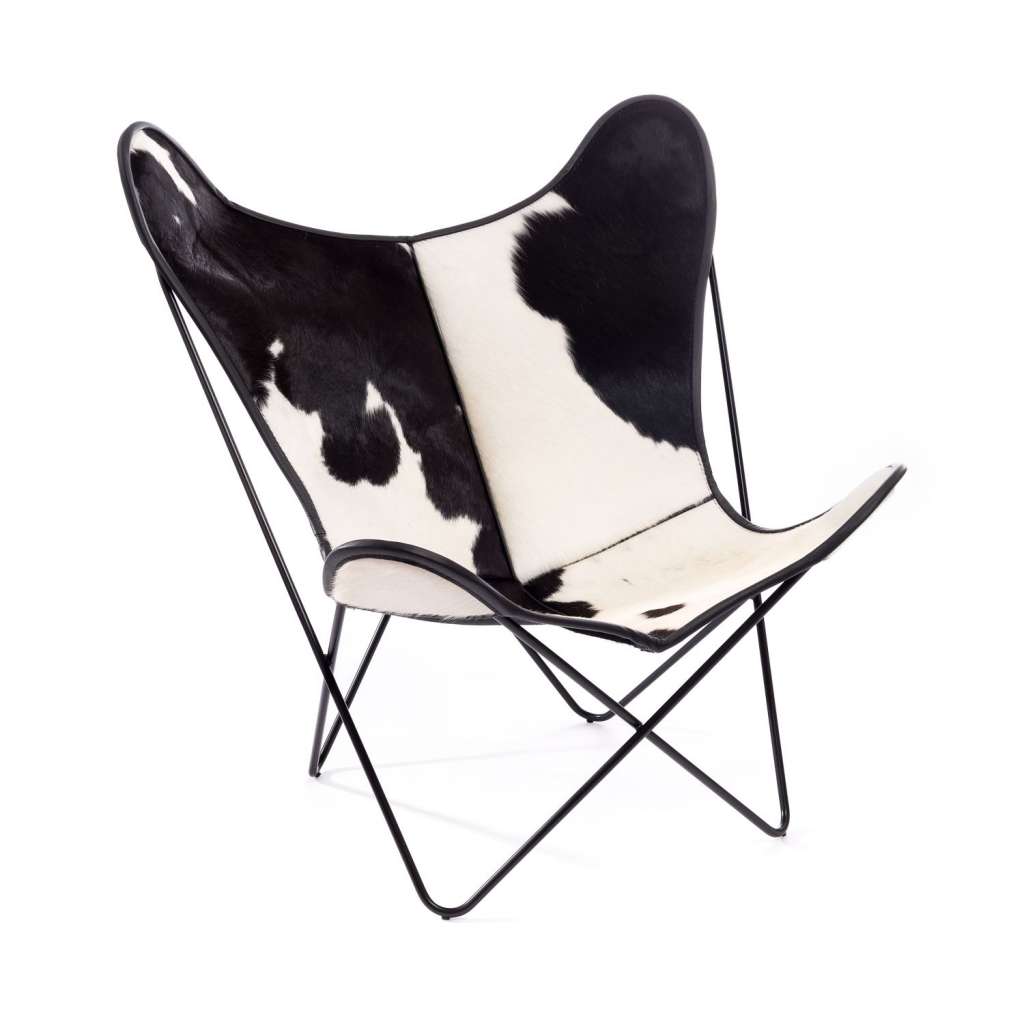 Manufakturplus - Butterfly Chair Hardoy - B.K.F. Chair Stahlrahmen weiß, schwarzbuntes Fell - indoor
