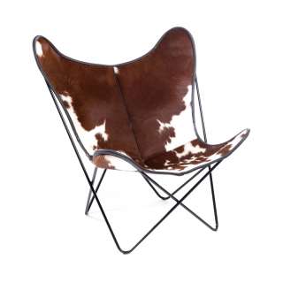 Manufakturplus - Butterfly Chair Hardoy - B.K.F. Chair Stahlrahmen verchromt, braunbuntes Fell - indoor