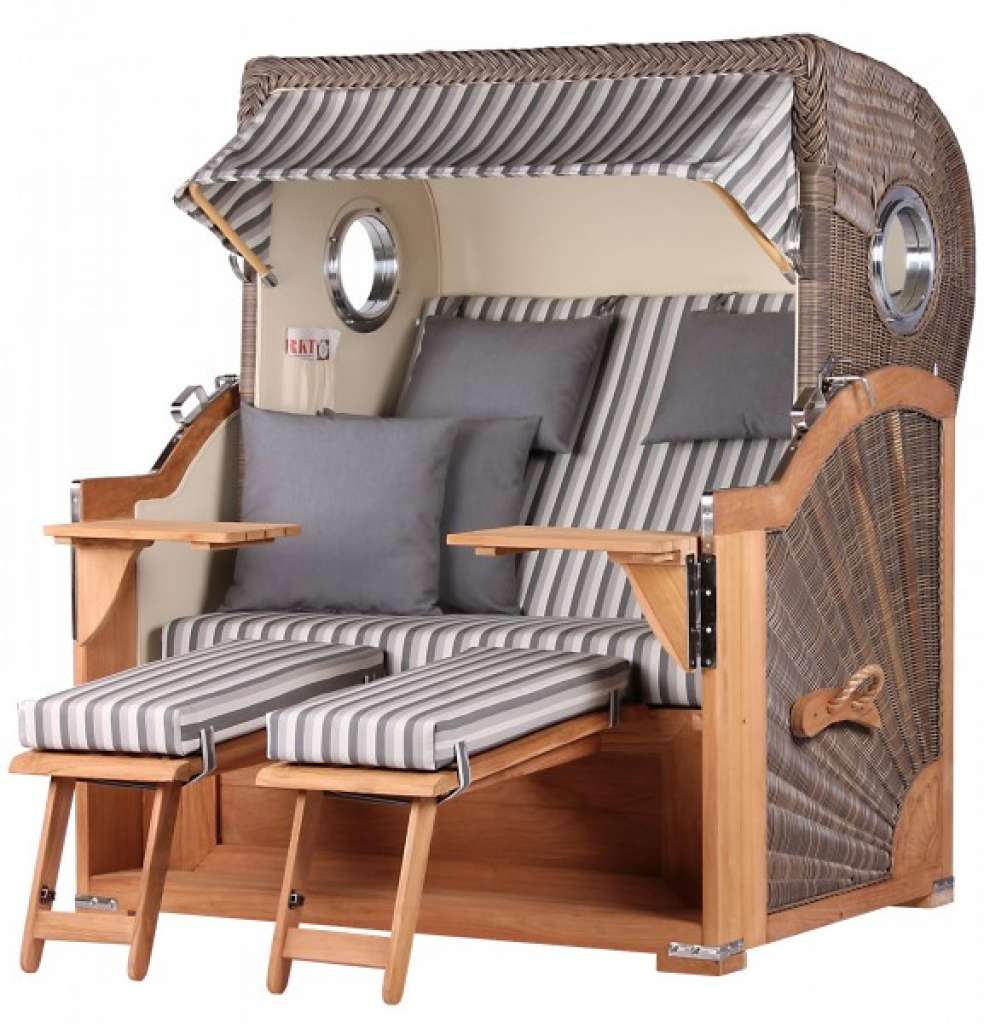 Strandkorb Kampen Teak Bullauge PE grey Dessin 545