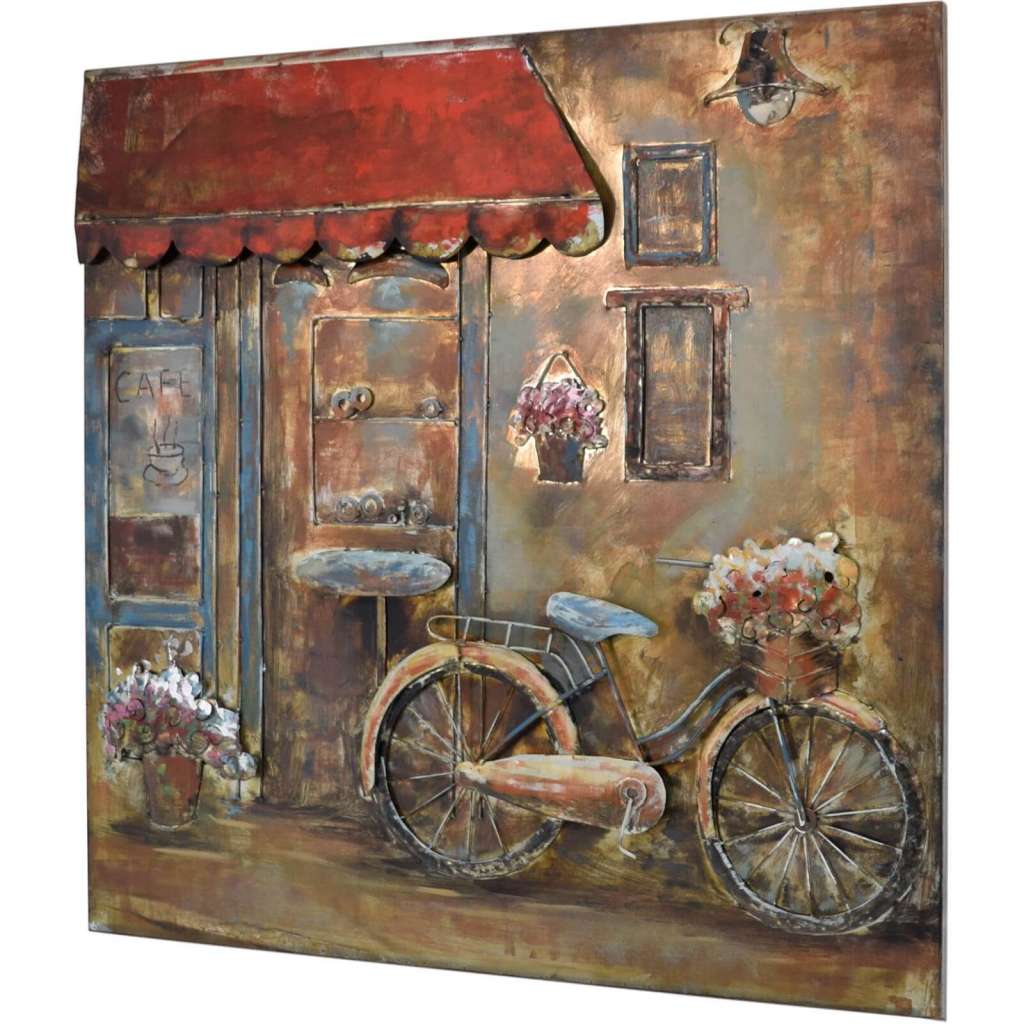 3D Metallbild Fahrrad Cafe Wandbild 100 x 100 cm