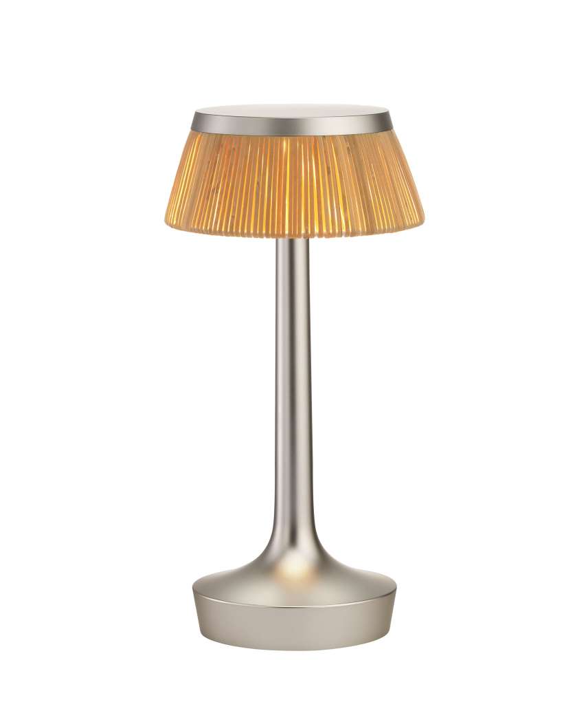Flos - Bon Jour Unplugged Tischleuchte - chrom matt - Krone Rattan - indoor