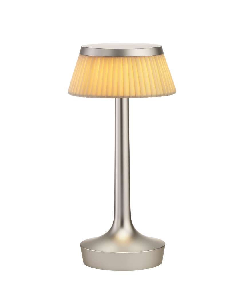Flos - Bon Jour Unplugged Tischleuchte - chrom matt - Krone Gewebe - indoor