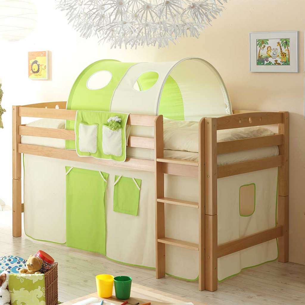 Halbhohes Bett für Kinderzimmer Tunnel und Vorhang in Hellgrün Beige
