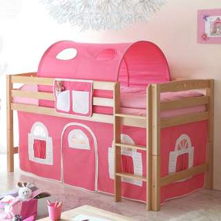 Halbhohes Mädchenbett aus Buche Massivholz Vorhang und Tunnel in Pink