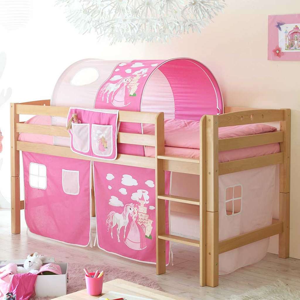 Prinzessin Halbhochbett aus Buche Massivholz Tunnel und Vorhang in Pink Rosa