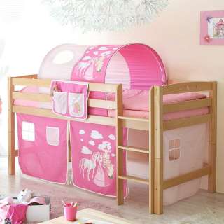 Prinzessin Halbhochbett aus Buche Massivholz Tunnel und Vorhang in Pink Rosa