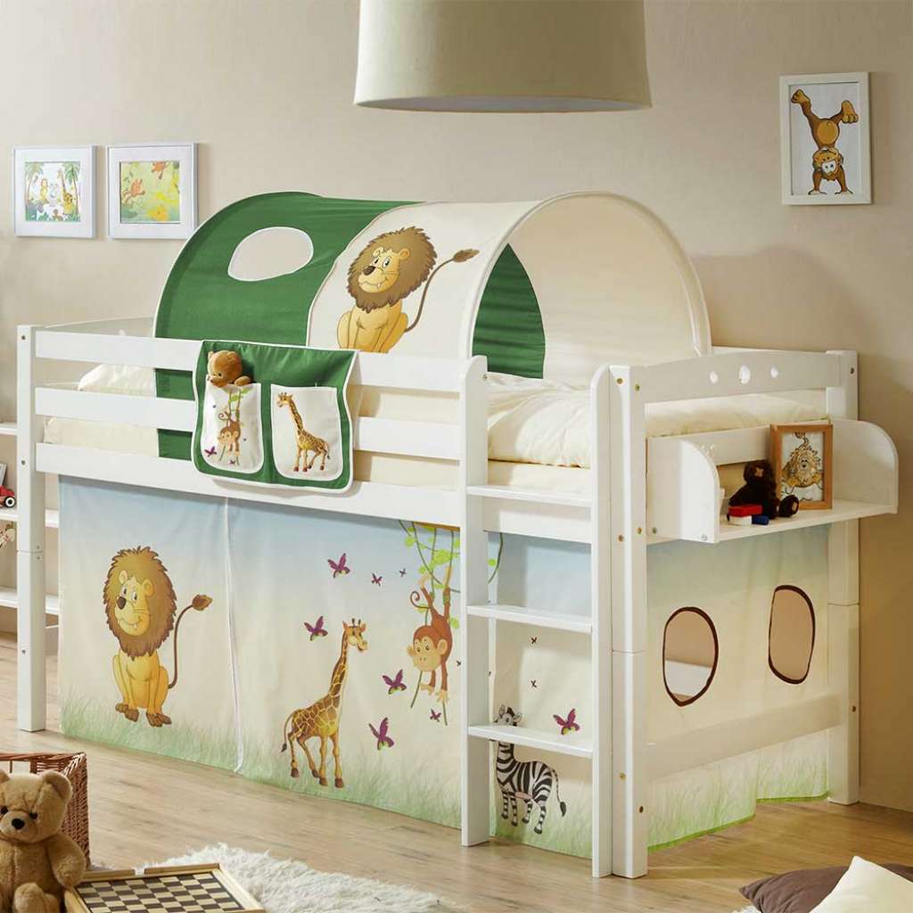Zootier Kinderbett halbhoch Vorhang und Tunnel
