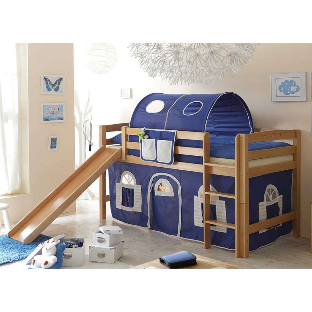 Kinderhochbett aus Buche Massivholz Rutsche und Tunnel in Blau Weiß