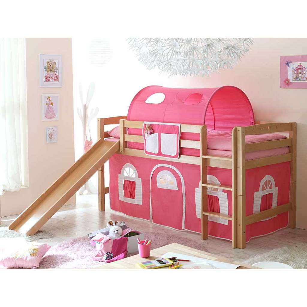 Kinder Halbhochbett mit Rutsche Vorhang in Pink Weiß