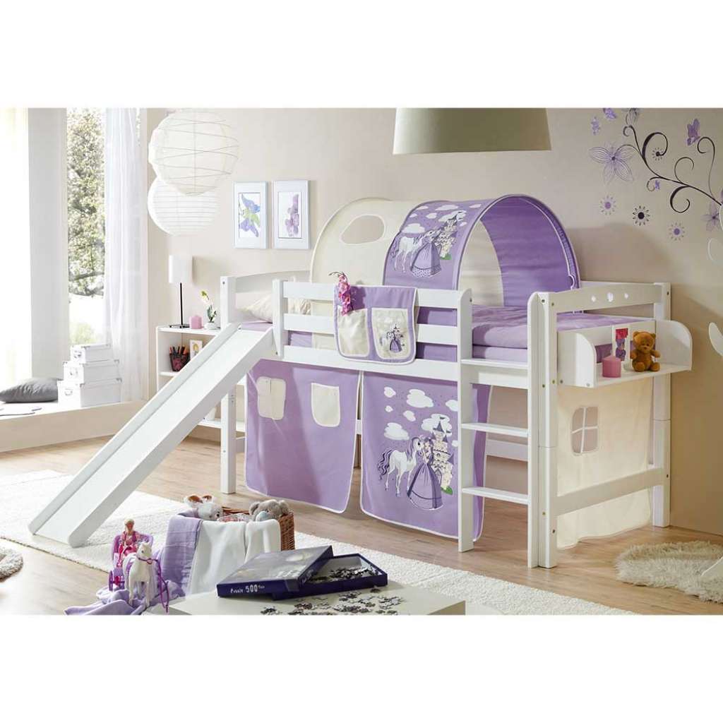Prinzessin Rutschbett in Lila Beige Buche Massivholz in Weiß