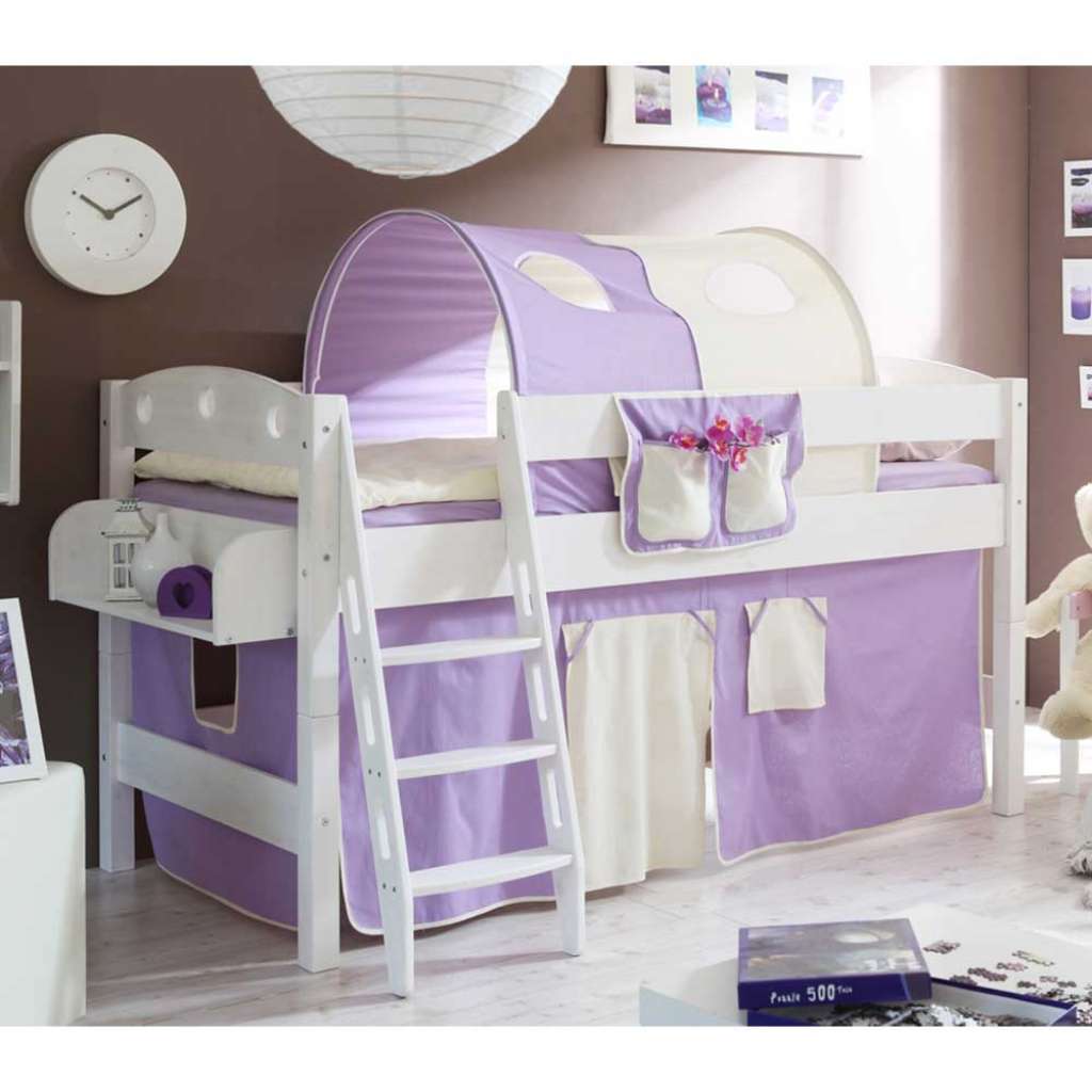 Kinder Einzelbett in Weiß Kiefer massiv Turm und Vorhang in Lila Beige