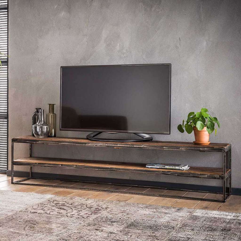 Fernsehertisch aus Recyclingholz und Stahl 180 cm breit