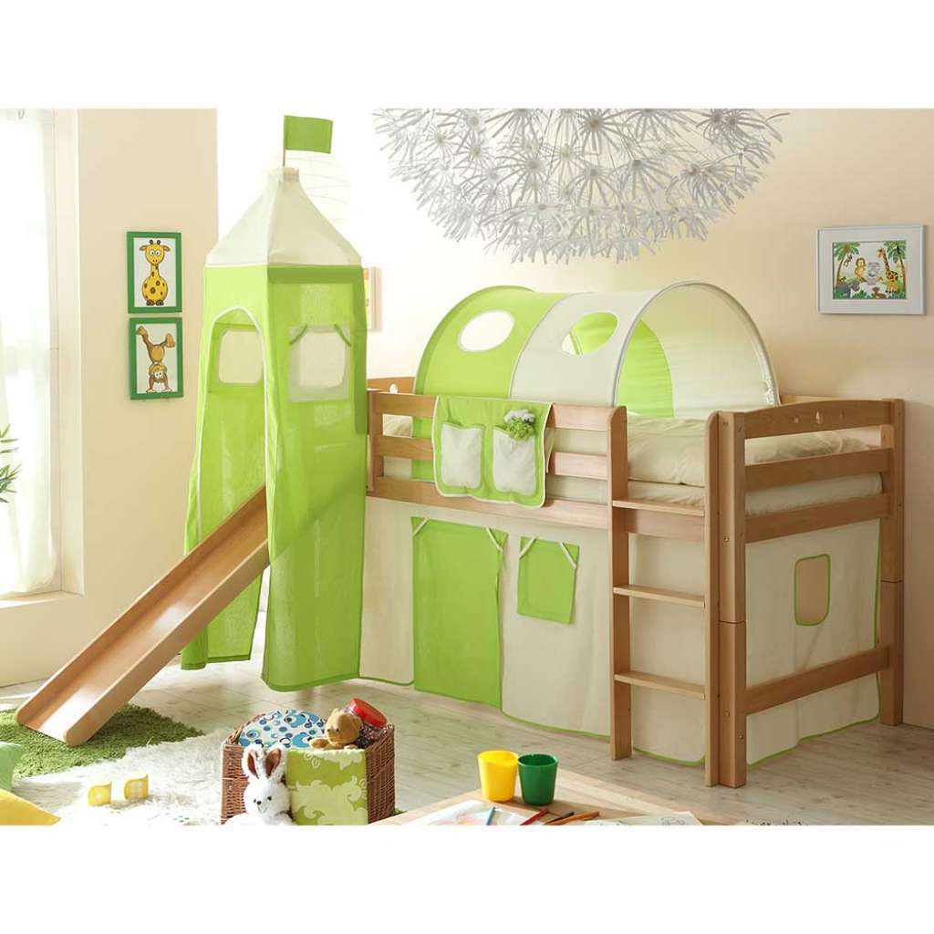 Kinderzimmer Rutschbett aus Buche Massivholz Turm in Hellgrün Beige