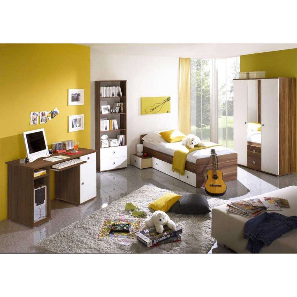 Jugendzimmer Möbel Set in Walnussfarben und Weiß komplett (4-teilig)