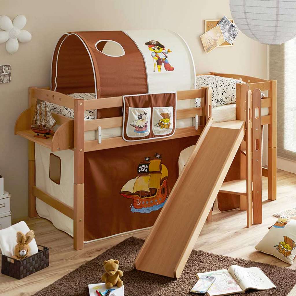 Kinder Hochbett im Piraten Design Rutsche und Hängeregal