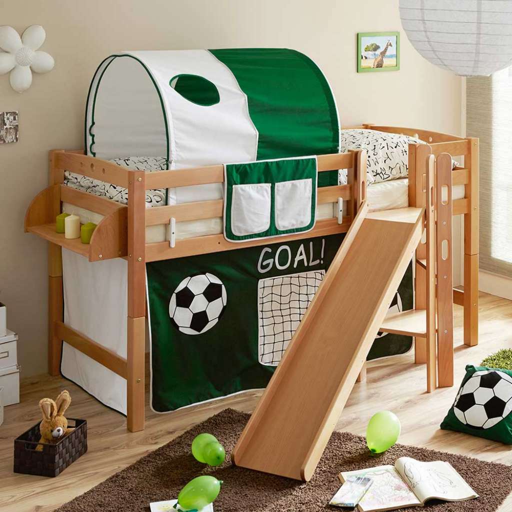 Fußball Spielbett mit Rutsche Tunnel in Weiß und Dunkelgrün