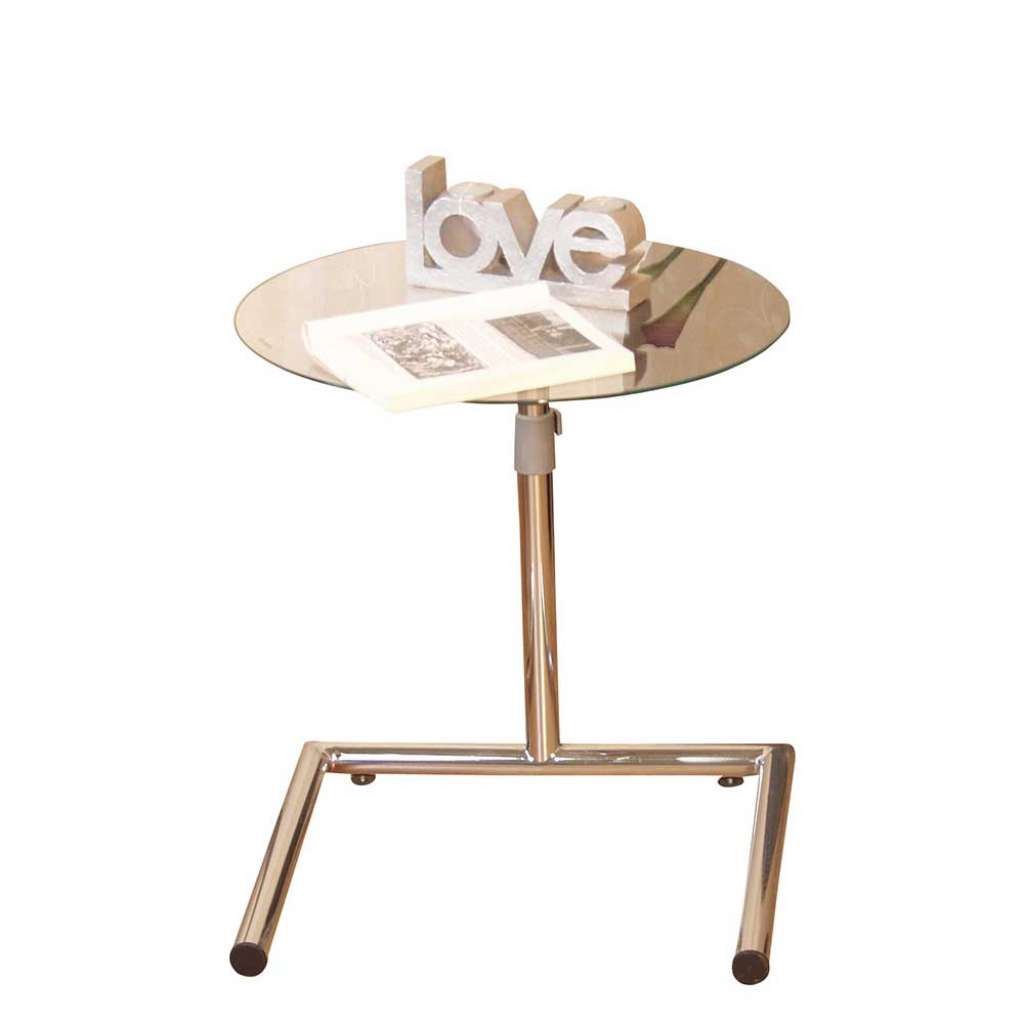 Höhenverstellbarer Beistelltisch mit runder Glasplatte verchromtem Rohrfuß