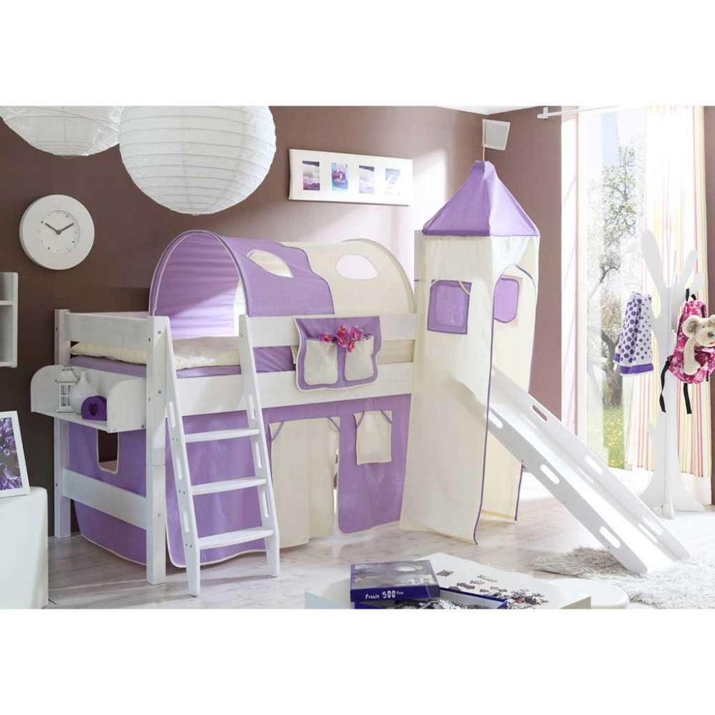 Mädchen Spielbett mit Rutsche und Turm Weiß Lila